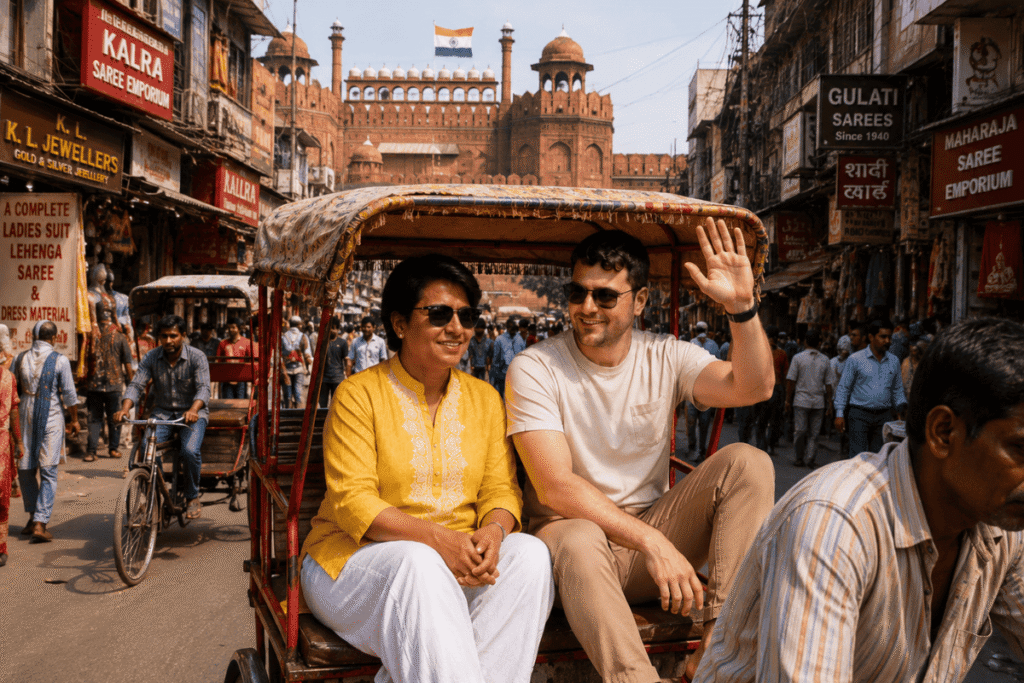 International tourist enjoying a Rikshaw tour with Delhi tour guide at Chandni chowk Old Delhi