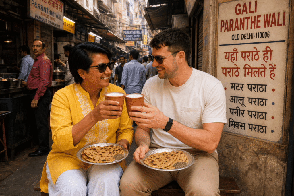 International tourist David and Delhi tour guide Harry holding sweet lassi  with local Indian street food at a Old Delhi restaurant enjoying there Delhi guided tour
