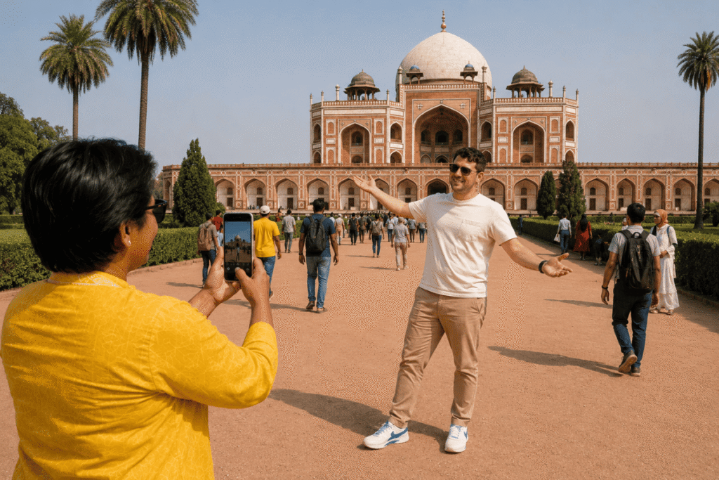 Delhi tour guide showing a Mughal marvel Humayun Tomb to an International Tourists , A UNESCO world heritage site in Delhi