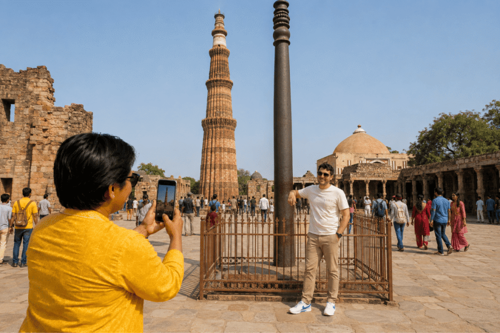 A solo tourist marveling the UNESCO world heritage Stone tower The Qutub Minar  and ancient Iron Colum a rust less adventure
