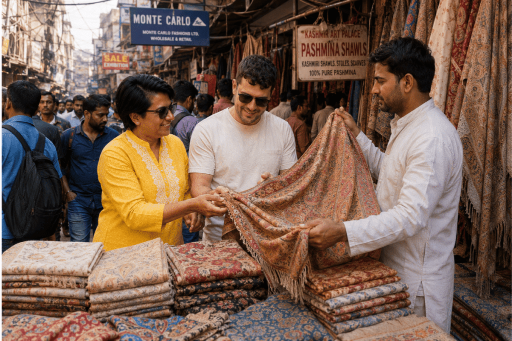 International Tourist in Delhi having shopping , Kashmiri pashmina shawl and a local guide is choosing the best colors