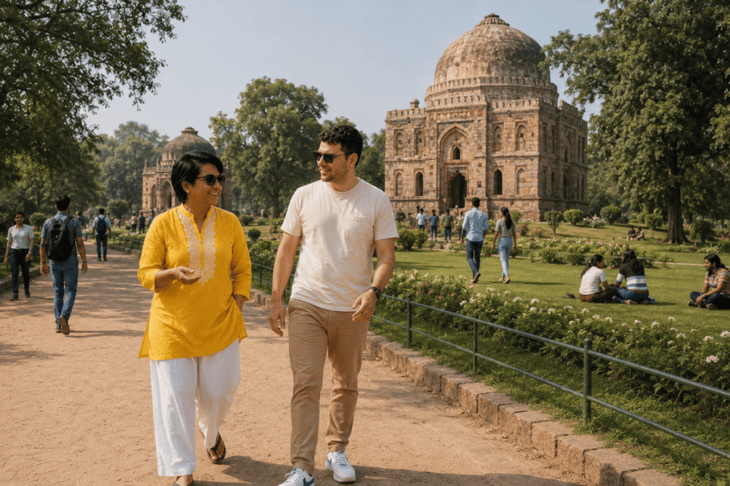 International traveler David exploring the ancient stone tombs and peaceful walking paths of Lodhi Garden with private Delhi tour guide Harry