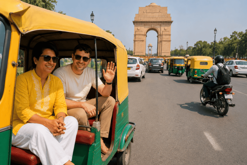 In international tourist having a joy ride tour with Local Delhi tour guide in Tuk Tuk in new Delhi India Gate President house having a photo stop