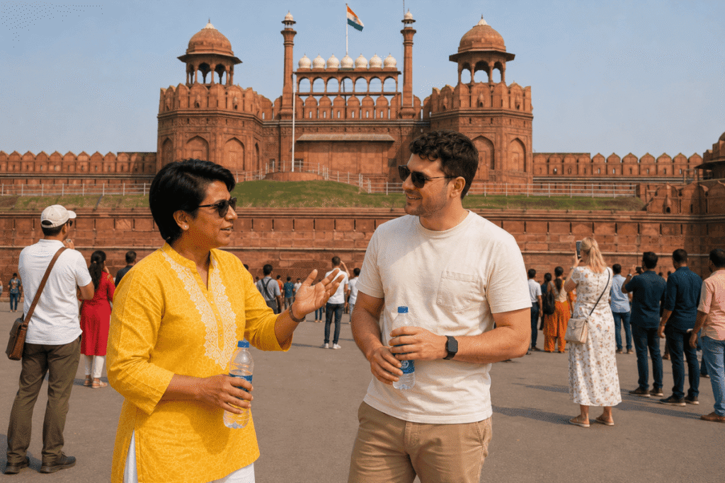 Delhi Tour Guide explaining an international tourist about Mughal king who built Red Fort and Old Delhi his capital