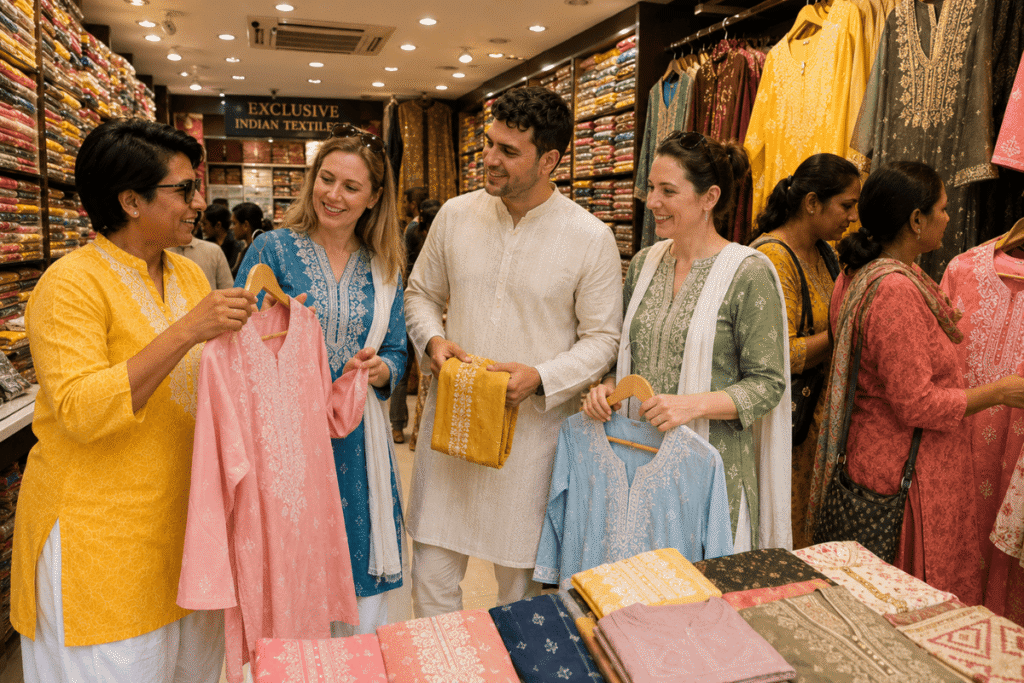 International tourists First time in Delhi buying Local dresses for easy tour in Delhi Kurta Pajama, Kurti's palazzos with Delhi local guide