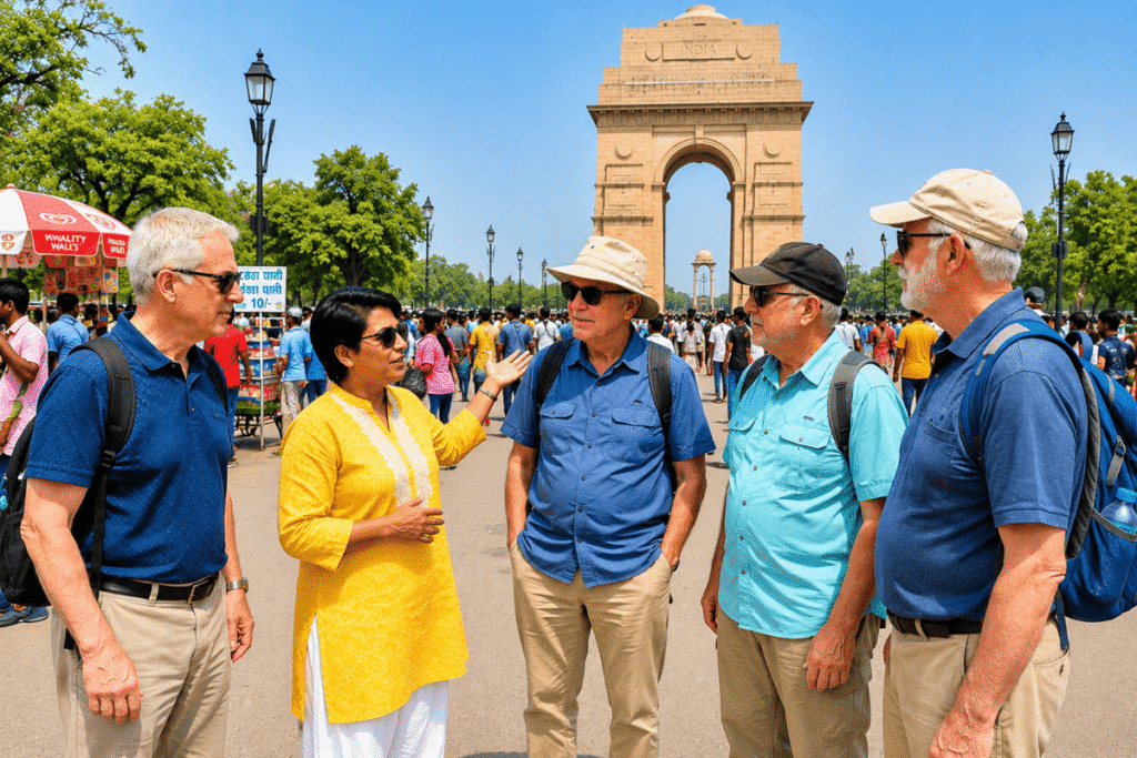 International tourists walking around India Gate with Delhi tour guide , Tourists enjoy the Lutyens Delhi President House, Parliament