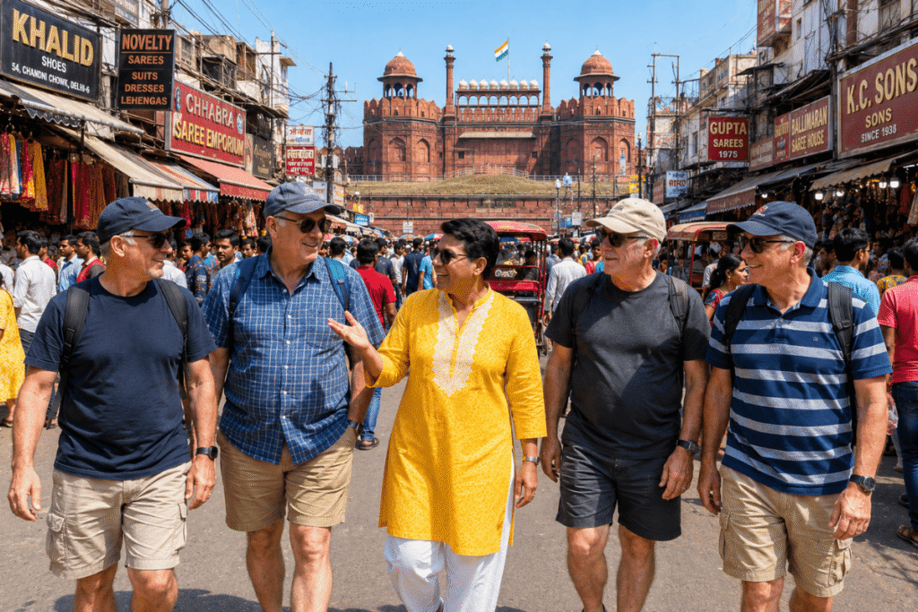 Four Australians first time in Delhi walking with Joy at Chandni Chowk Old Delhi walk, Old Delhi Bazaar narrow streets Rickshaws local crowd all is like a living exhibition for International tourists in Delhi