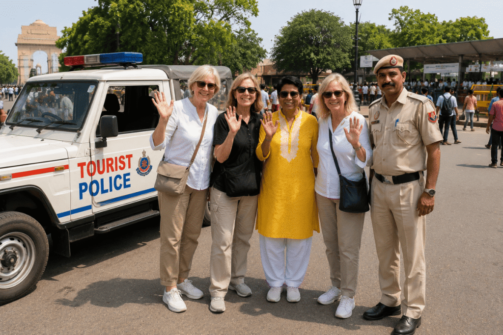 First time in Delhi Canadian Tourist enjoy selfies with Delhi Tourist Police, There Tour guide in Delhi is also with them
