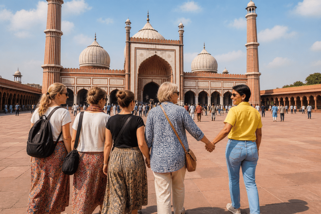 Go With Harry – Explore Delhi, Agra & Jaipur with a Best Delhi Tour Guide, Ladies from America enjoy walking watching devotees at Jama Masjid