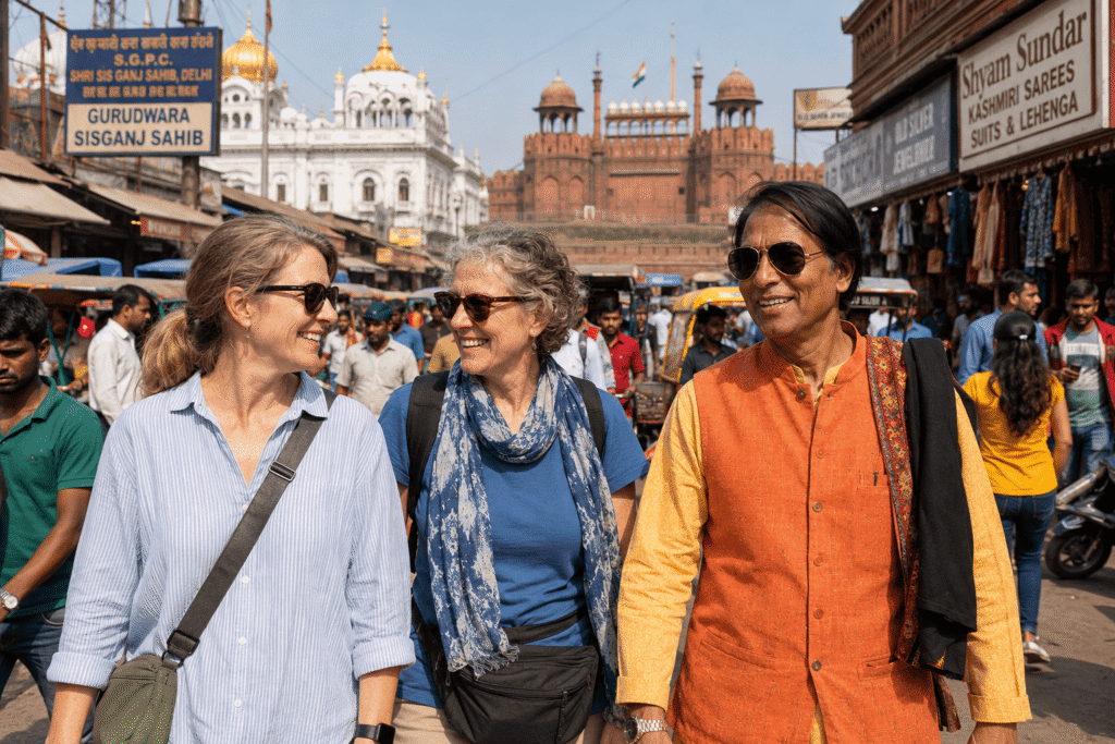 travelers enjoying India travel stories during an Old Delhi heritage walk
