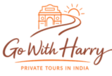 Go With Harry logo featuring India Gate with a travel path and sunrise design for private tours in India.