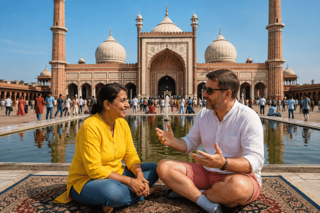 A solo traveler exploring the historic courtyard and grand architecture of Jama Masjid with private Delhi tour guide Harry