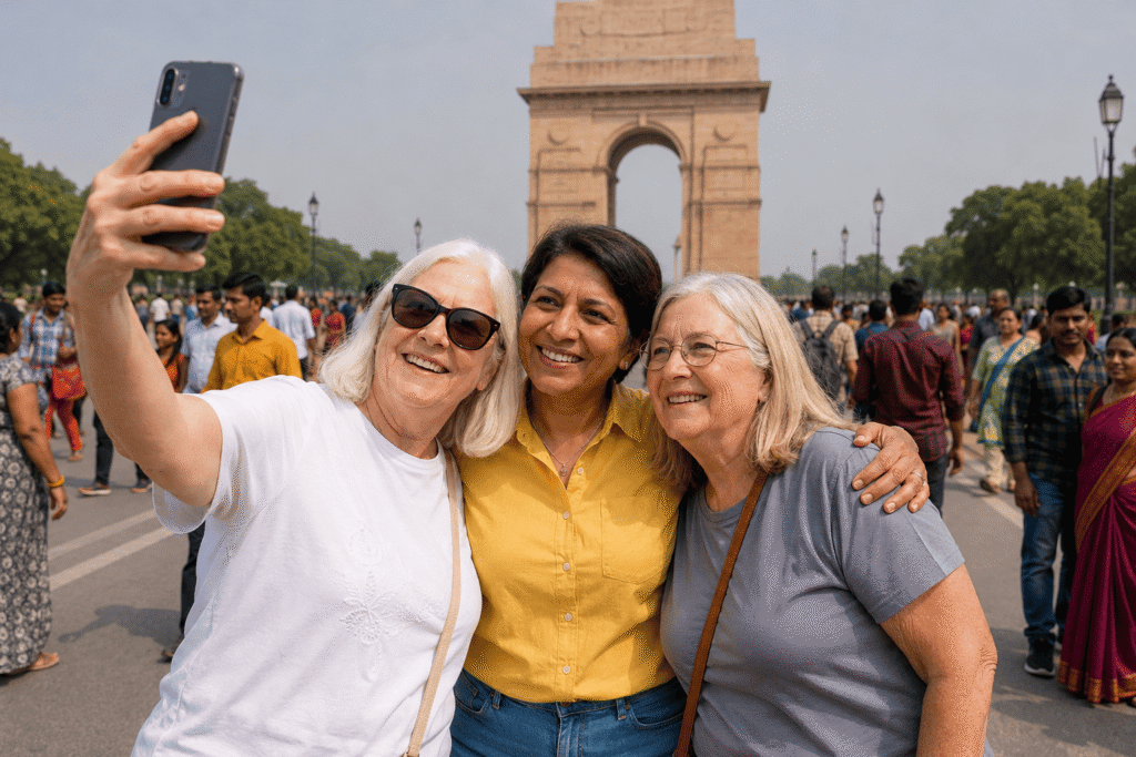 Delhi Guided Tour – Exploring Old & New Delhi with a Local Storyteller. Tourist taking Selfy at India Gate