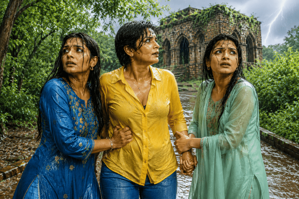 Harry guiding two Delhi University students through heavy rain near Malcha Mahal Delhi Ridge Forest during a haunted adventure.