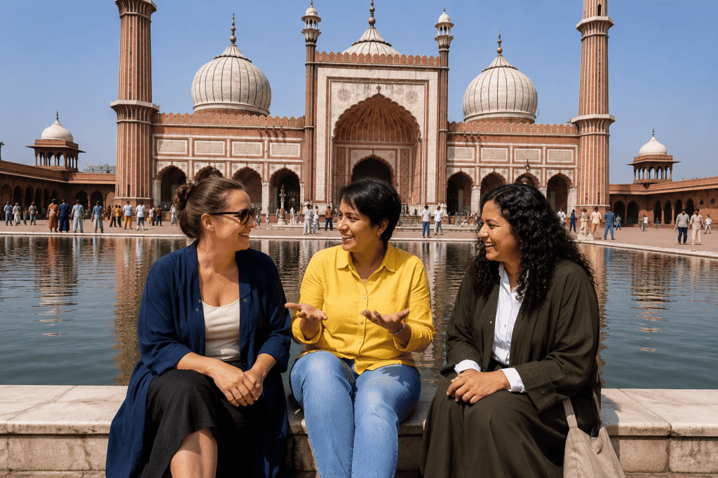 International women traveler sitting at Jama Masjid with Gurgaon to Delhi Tour with Guide Harry
