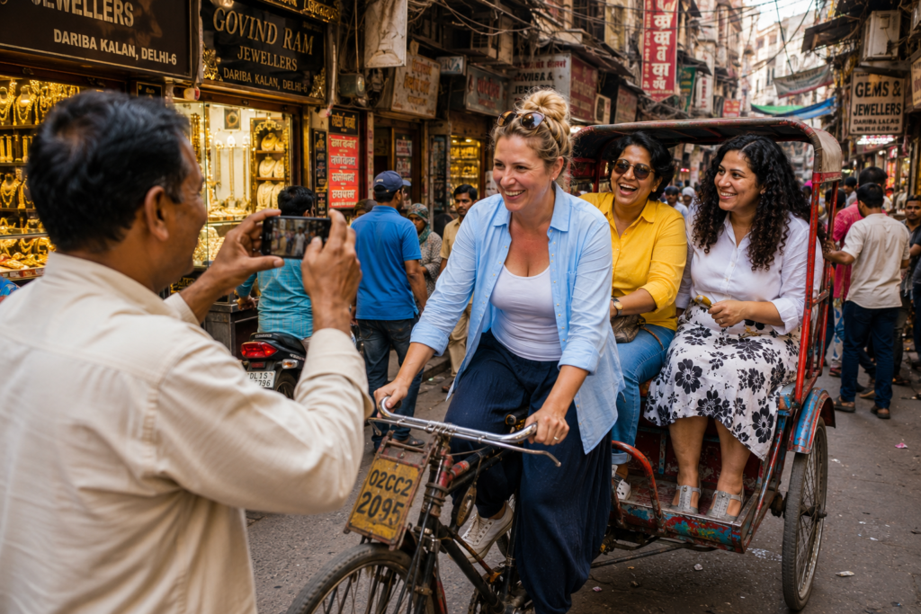 Gurgaon to Delhi Tour with Guide with Canadian women travelers enjoying rikshaw at Chandni chowk
