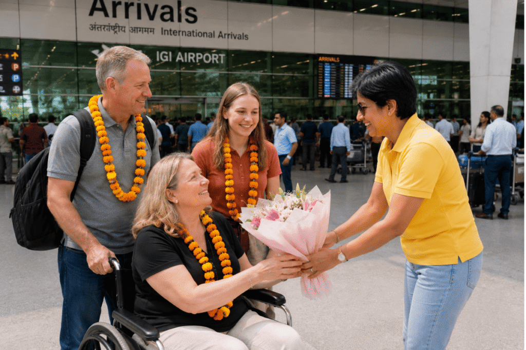 Go With Harry welcoming travelers on arrival in India, Warm airport welcome by Go With Harry licensed tour guide