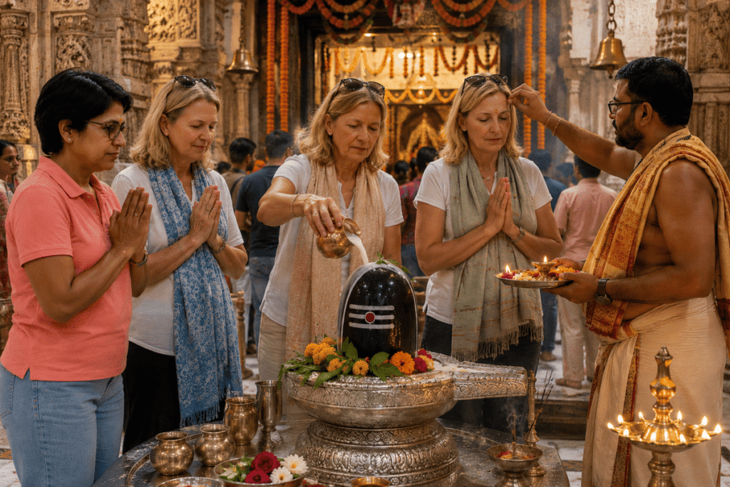 Go With Harry explaining Indian history and heritage to visitors at Hindu Temple for prayers 