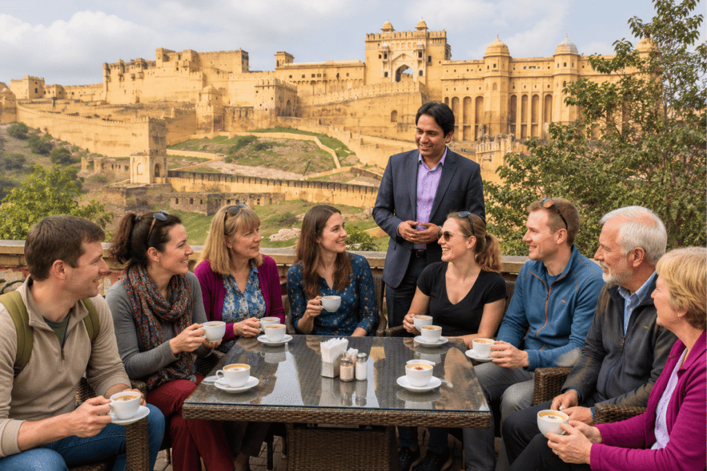 Amber Fort Tour Guide: International university students having Questions regarding Amber fort and Rajasthan history with guide at a caffe