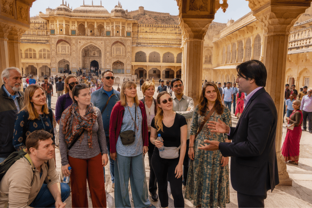 Amber Fort Tour Guide: Explore Jaipur’s Royal History on an Educational Tour at Amber fort listening to the architecture of Rajput's at Ganesh Pol 