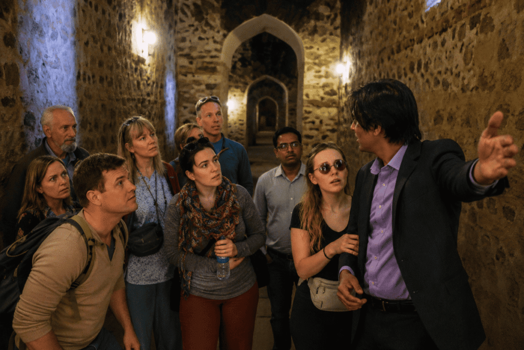International university students looking into the dark tunnel which connects Amber fort to Jaigarh fort with tour guide