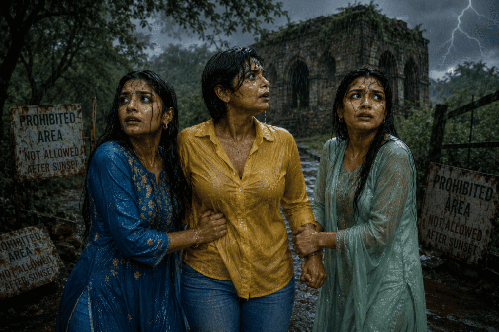 Harry guiding two Delhi University students through heavy rain near Malcha Mahal Delhi Ridge Forest during a haunted adventure.