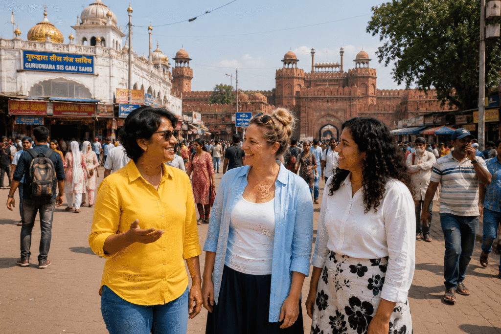 Gurgaon to Delhi Tour with Guide:  Canadian women Travelers at Old Delhi spice market