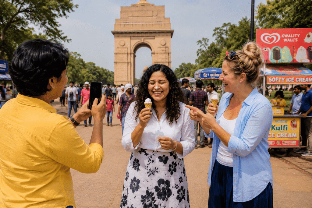 Gurgaon to Delhi Tour with Guide Enjoying Ice cream having fun  Real Delhi Through the Eyes of Two Canadian Travelers