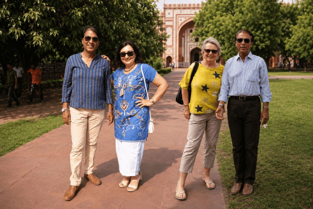 Female Tourist Guide in Delhi: Safe, Authentic & Unforgettable Tours 3 Trusted local guide Harry chatting with female travelers during a safe private sightseeing tour with a female tourist guide in Delhi.