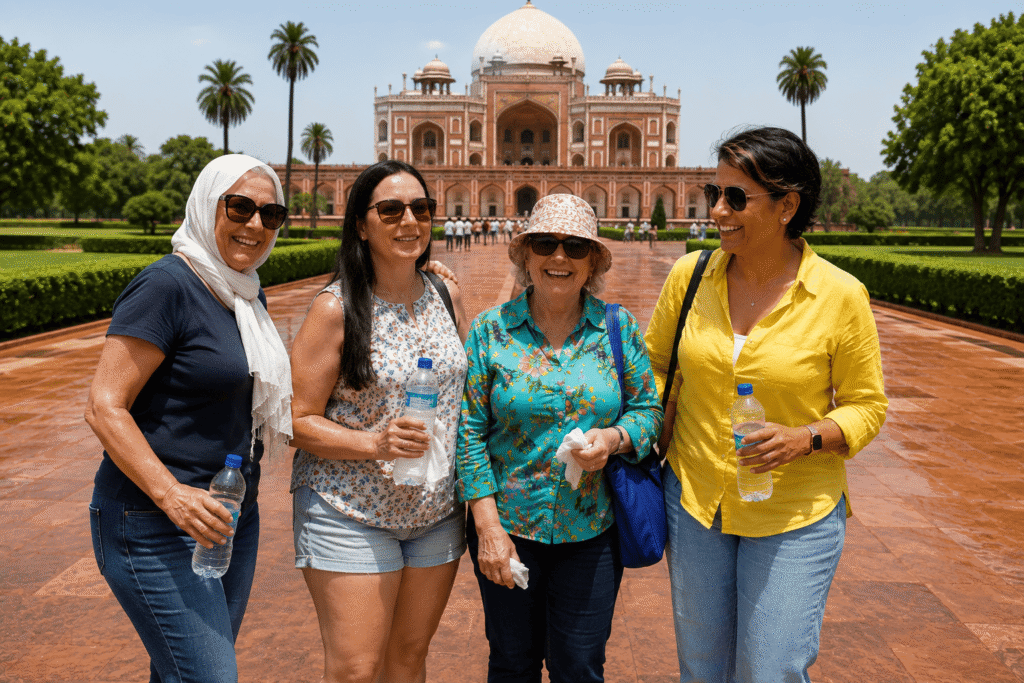 Female Tourist Guide in Delhi: Safe, Authentic & Unforgettable Tours 5 Trusted local guide Harry chatting with female travelers during a safe private sightseeing tour with a female tourist guide in Delhi.