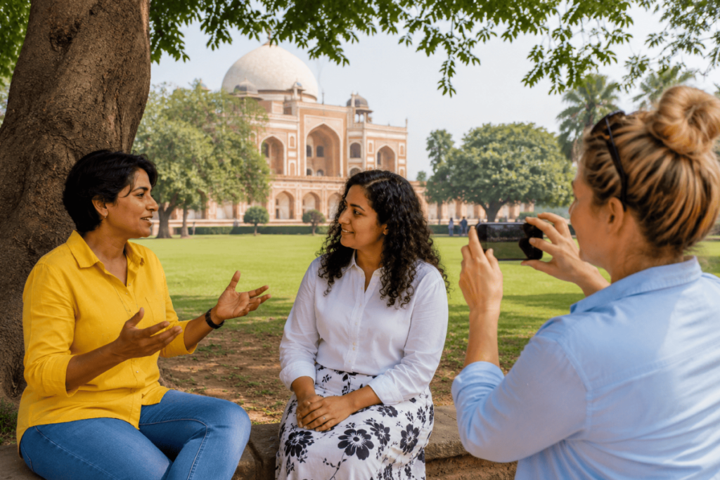 Gurgaon tour guide telling the story of Humayun's Tomb to travelers sitting in the lush gardens of New Delhi.