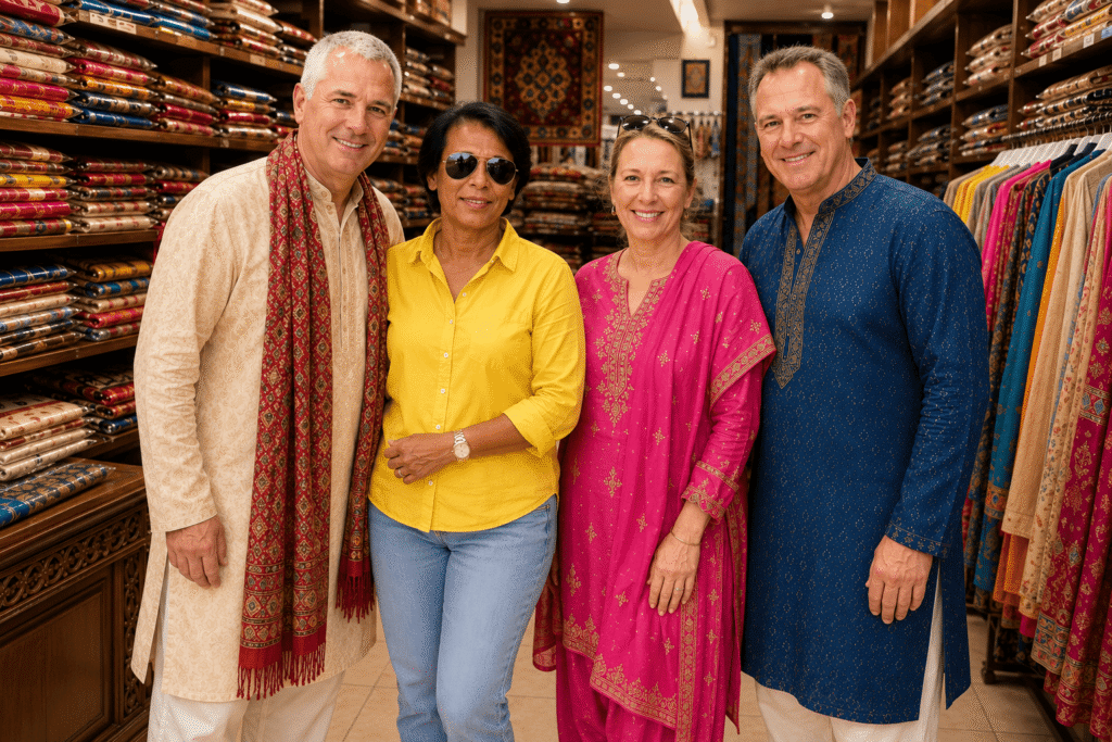 Foreign tourists trying traditional Indian clothing during a private Delhi Shopping Tour with local guide Harry.