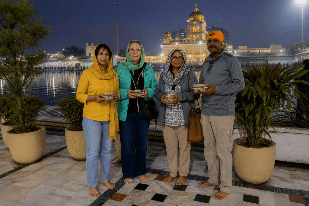 Private Delhi Day Tour: Must See Places of Delhi with Licensed Tour Guide 9 Guests visiting Gurudwara Bangla Sahib in New Delhi during a private Old and New Delhi Tour with a local guide.