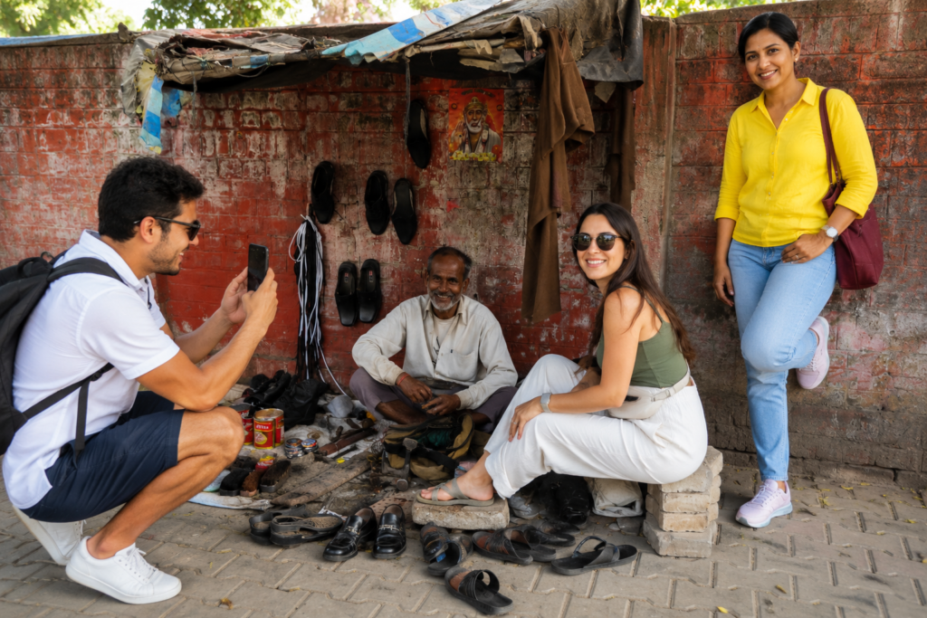 Tourists meeting a traditional street cobbler during a private Delhi Shopping Tour in Old Delhi.