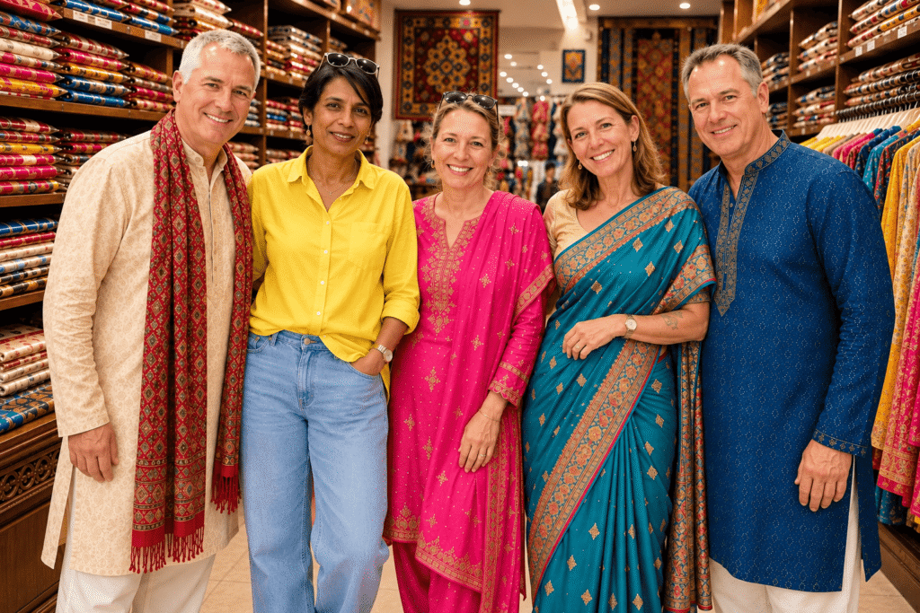 Foreign tourists trying traditional Indian clothing during a private Delhi Shopping Tour with local guide Harry.