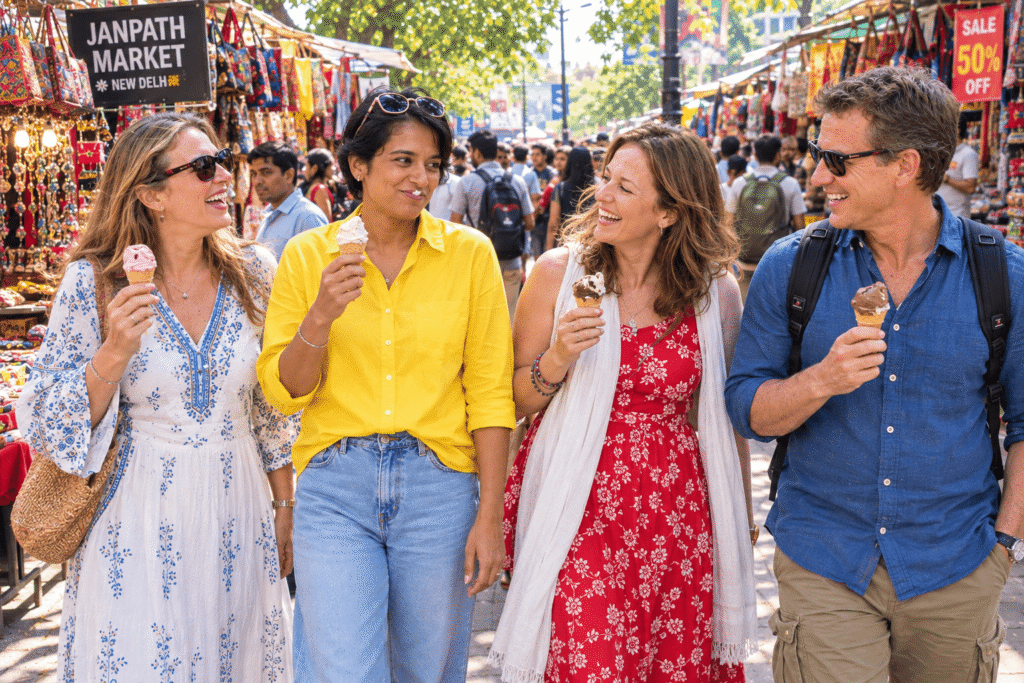 Tourists enjoying an evening walk through Janpath Market during a private Delhi Shopping Tour in New Delhi.