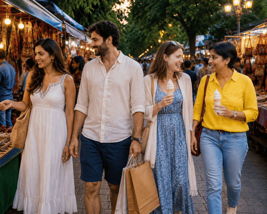 Tourists enjoying an evening walk through Janpath Market during a private Delhi Shopping Tour in New Delhi.
