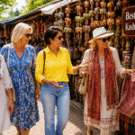 Foreign tourists shopping for authentic Kashmiri Pashmina shawls during a private Delhi Shopping Tour with a Local Guide – Explore Delhi Bazaars and Artisans