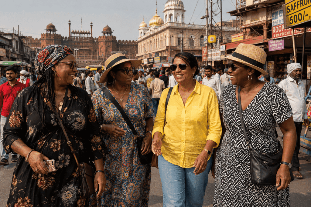 Female Tourist Guide in Delhi: Safe, Authentic & Unforgettable Tours 4 Female tourist guide in Delhi alternative: Local guide Harry walking with female tourists near Red Fort during an Old Delhi heritage walk.