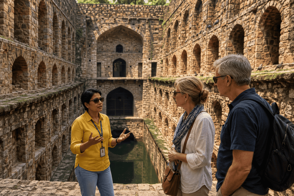 Delhi tour guide explaining the haunted legends of Agrasen Ki Baoli stepwell, one of the famous hidden places in Delhi