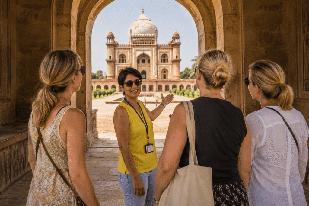 Delhi tour guide welcoming international tourists at the entrance archway of Safdarjung Tomb, one of the top hidden places in Delhi