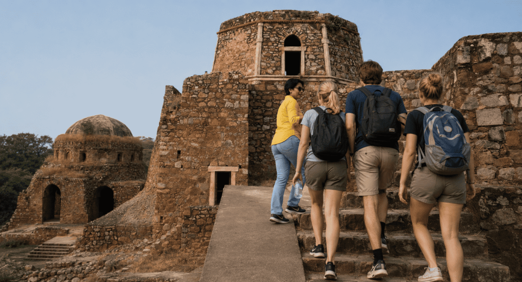 Delhi tour guide leading travelers up the stone ruins of Bijay Mandal, one of the hidden places in Delhi