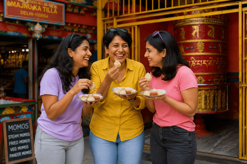 Delhi tour guide enjoying authentic Tibetan momos near the prayer wheel at Majnu Ka Tilla, one of the top hidden places in Delhi