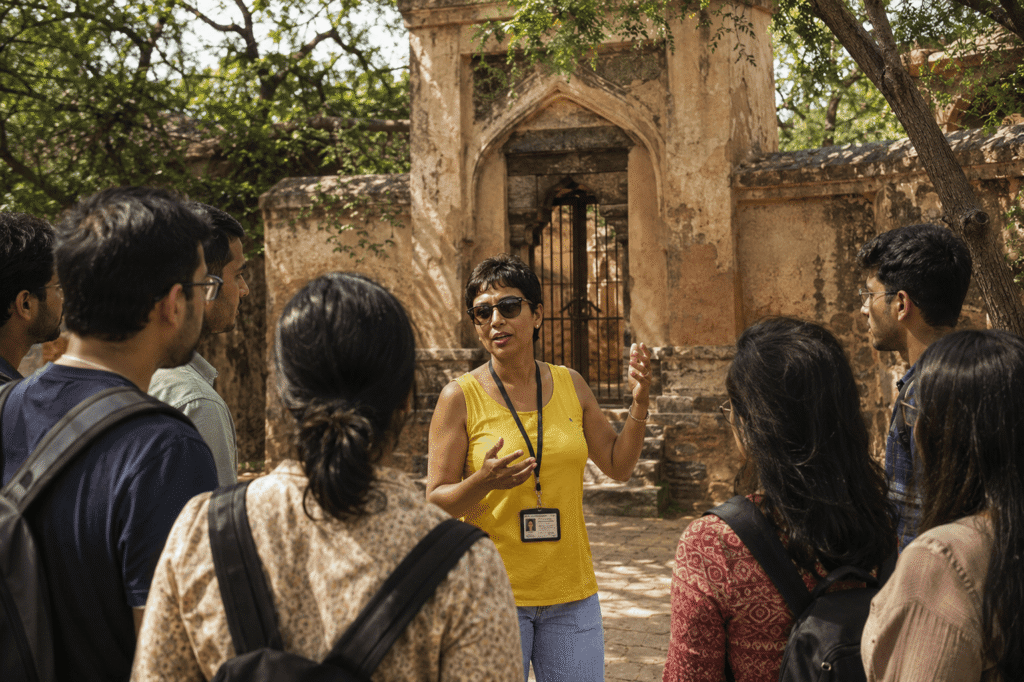 Delhi tour guide telling haunted legends of Bhuli Bhatiyari Ka Mahal to a group of travelers in Central Ridge forest