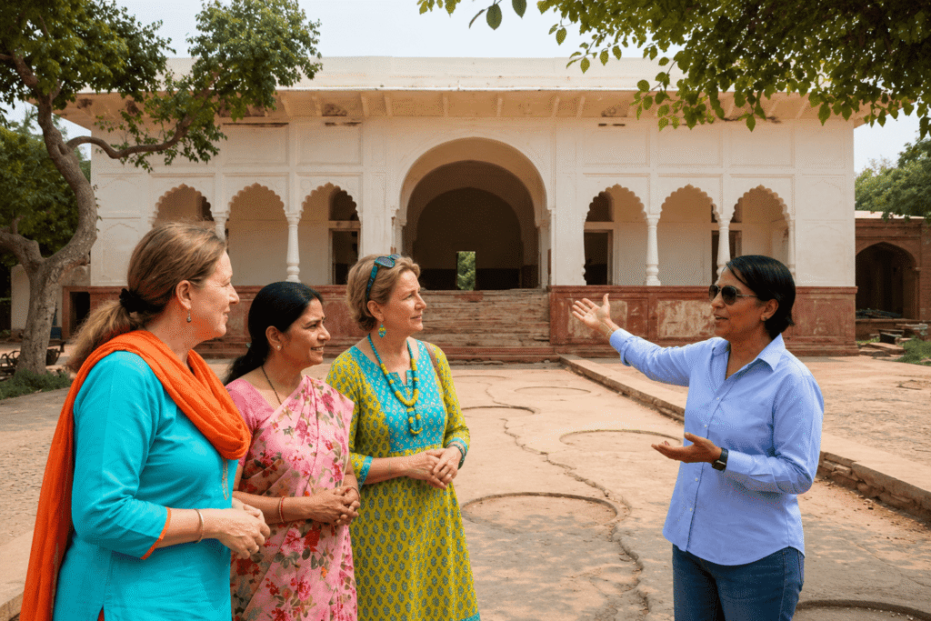 Delhi tour guide telling Mughal coronation stories to local expats in front of Sheesh Mahal pavilion at Shalimar Bagh, one of the hidden places in Delhi