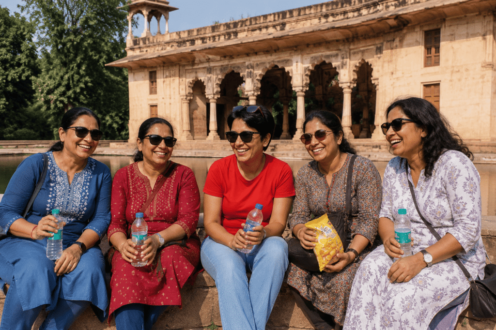 Delhi tour guide relaxing and laughing with travelers by the water tank at Roshanara Bagh, one of the hidden places in Delhi
