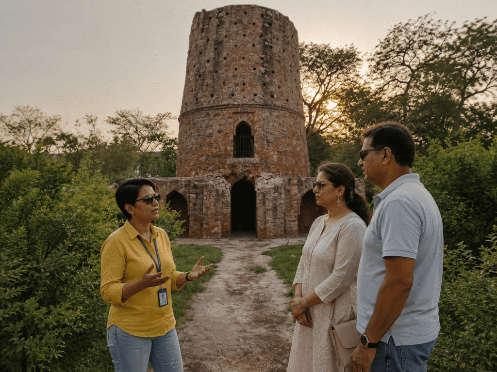 Delhi tour guide explaining the dark history of Chor Minar tower in Hauz Khas, one of the top hidden places in Delhi