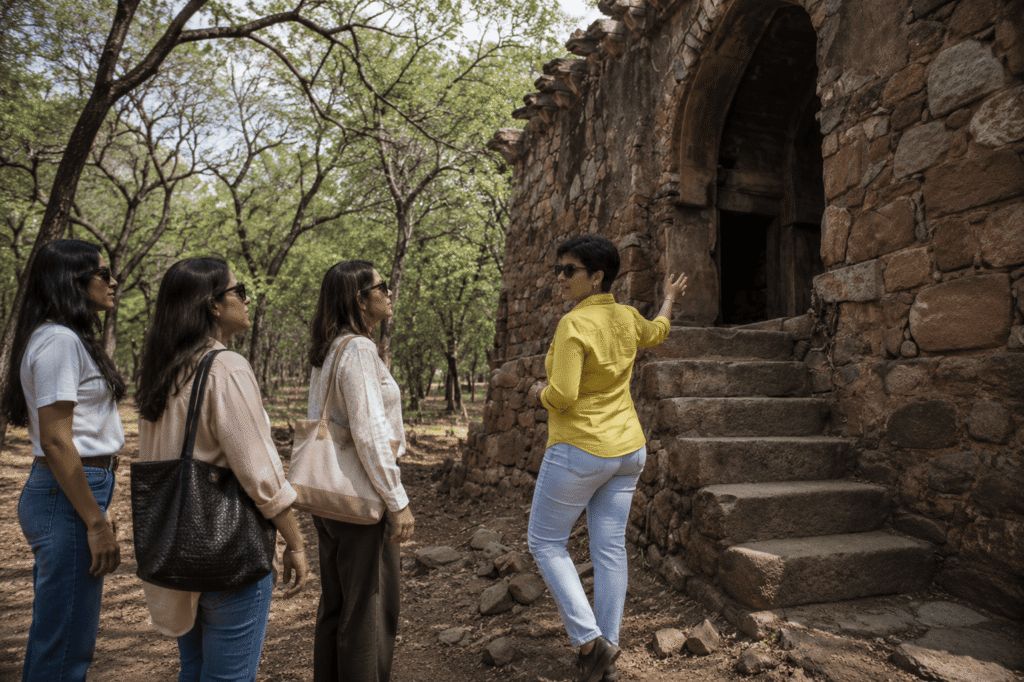 Delhi tour guide showing the stone doorway of Malcha Mahal hunting lodge to visitors in Chanakyapuri forest, one of the hidden places in Delhi