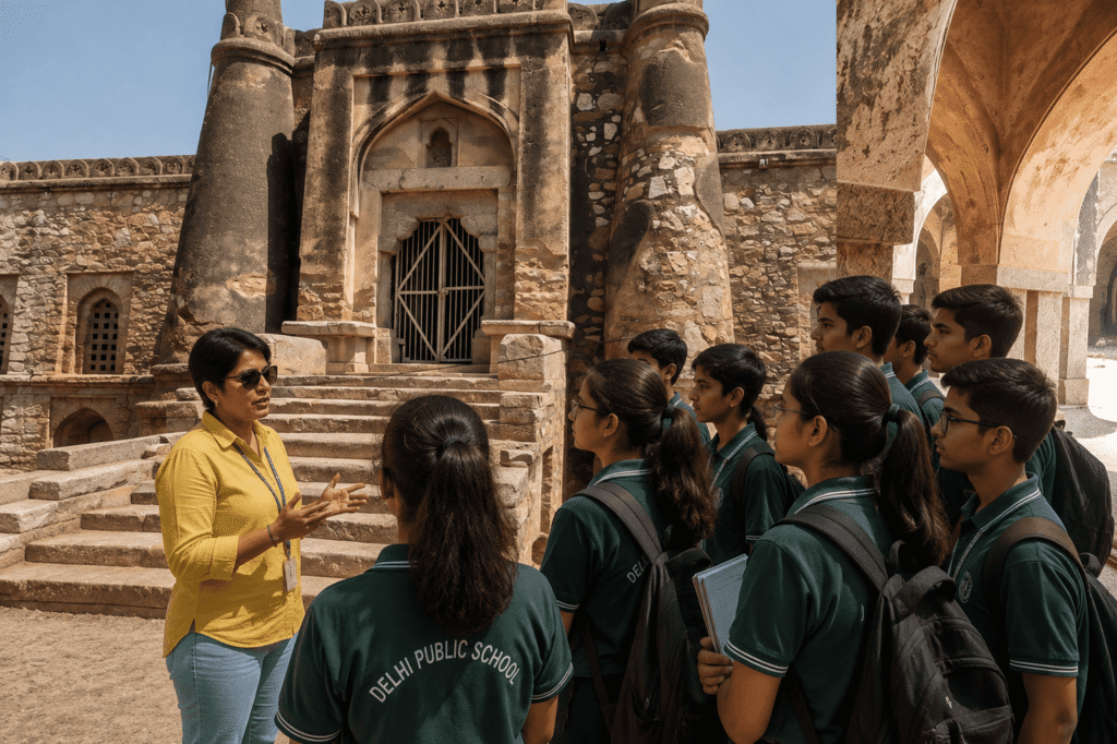 Delhi tour guide leading an educational school tour for students at Khirki Masjid, one of the top hidden places in Delhi