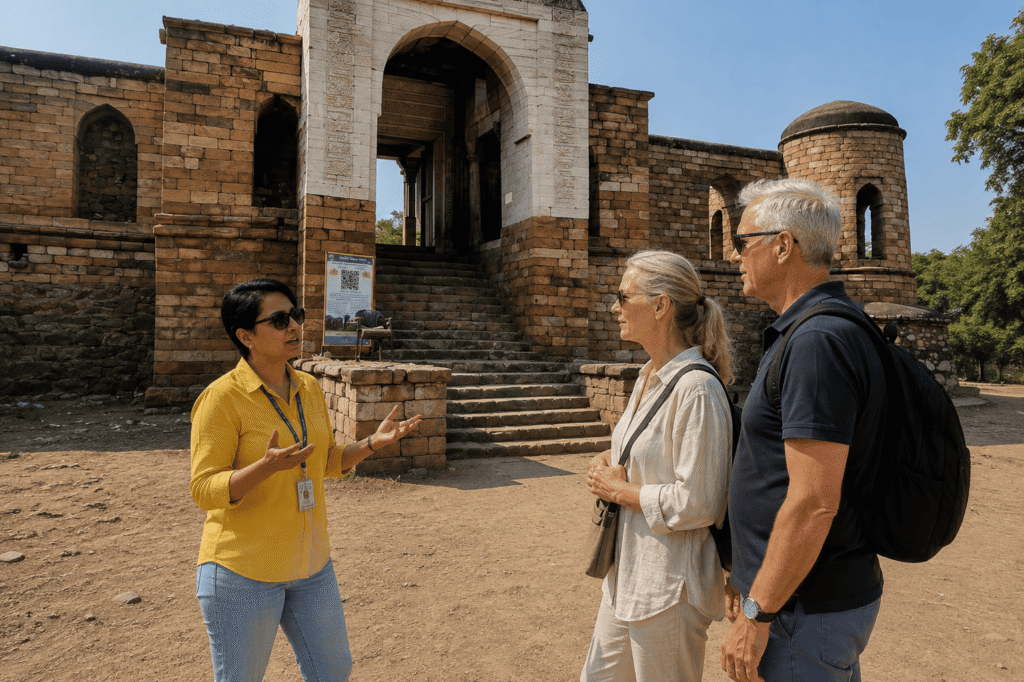 Delhi tour guide explaining the history of Sultan Ghari Tomb, India’s oldest Islamic mausoleum and one of the top hidden places in Delhi